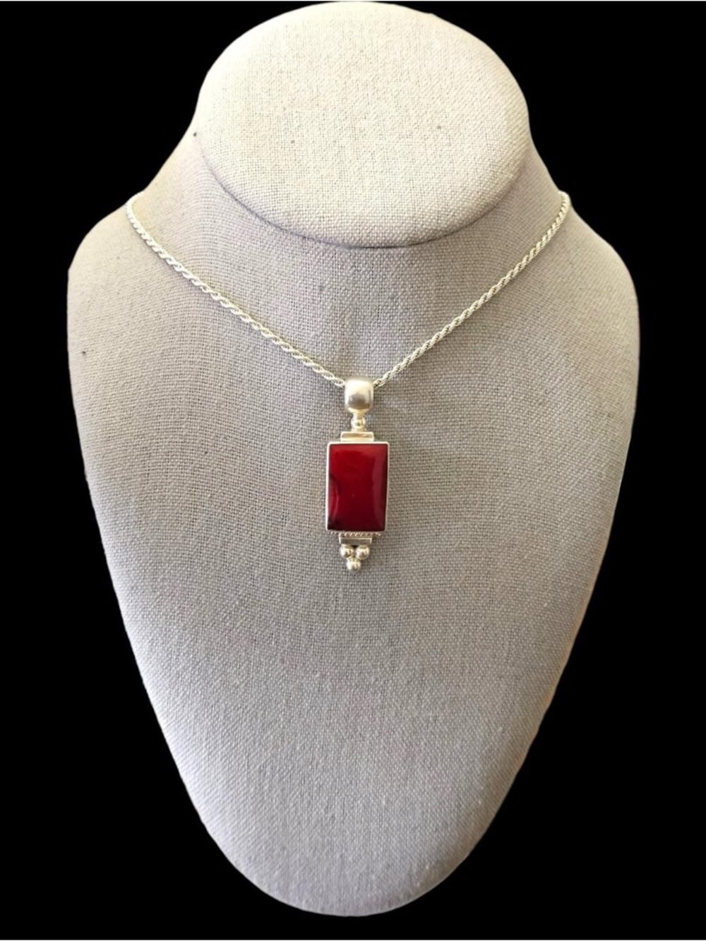 Mexico Sterling Silver large Red Jasper Pendant, Italy 925 Chain Twist Necklace